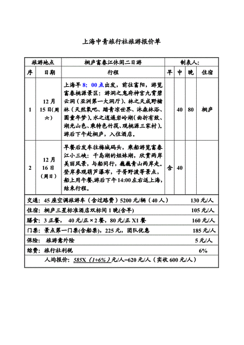 旅游团价格表（一般旅游团价格）